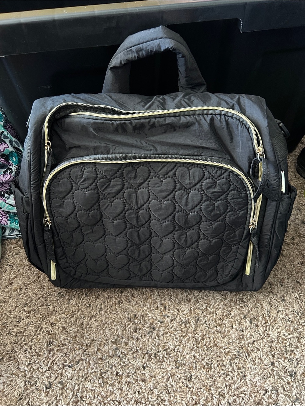 Quilted Heart-Pattern Black diaper Bag